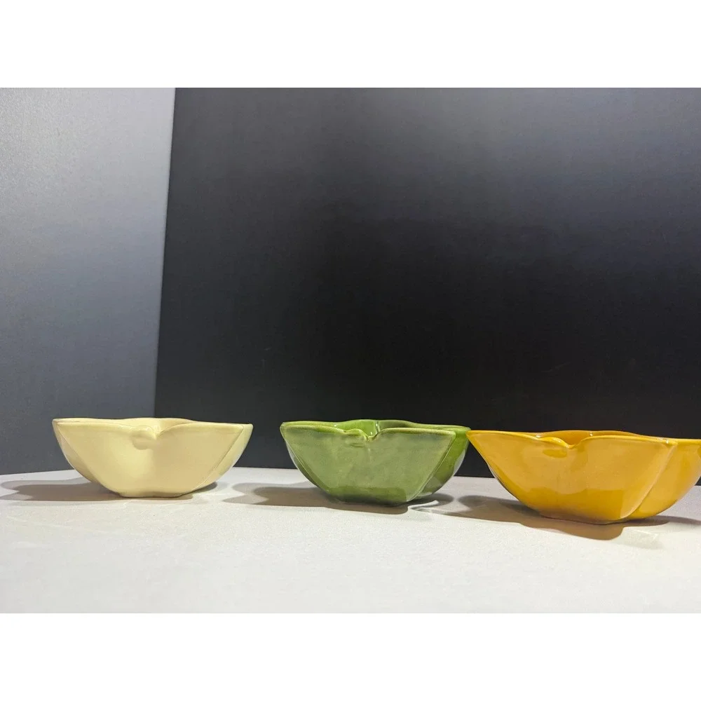 Set of 3 Ceramic Ivy Leaf Dipping Bowls Yellow Green Cream Autumn Harvest Decor